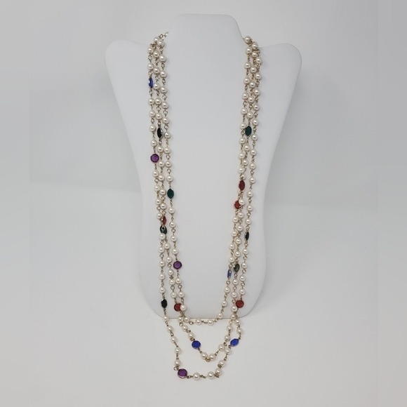 VINTAGE THREE STRAND FAUX PEARL GOLD LINK FACETED RHINESTONE RAINBOW NECKLACE - Picture 5 of 11